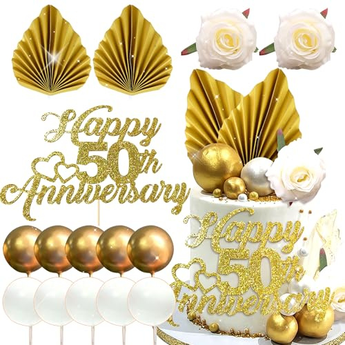 LaVenty Glitter Happy 50th Anniversary Cake Topper | 50 Golden Years Cake Topper 50th Wedding Anniversary Decorations