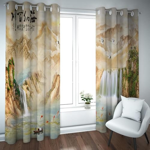 LANDOCROWN Lucky Koi Fenstervorhänge Chinesischer Bergnebel Wasserfall Natur Muster Raum Verdunkelung Tusche Malerei Stil Fenstervorhänge 2X B140 x H270 cm