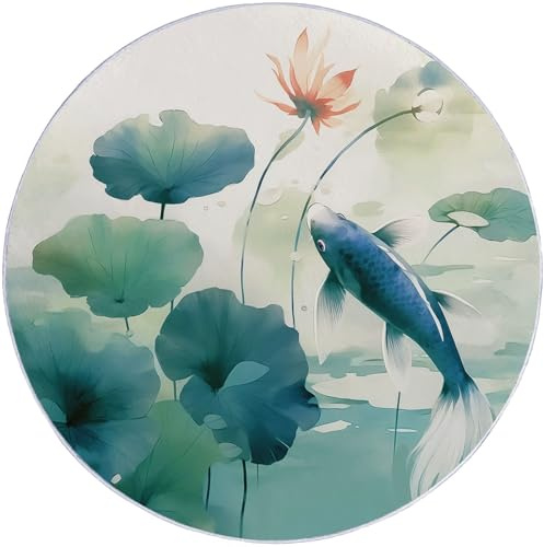 Kurzflor Runder Flanell Teppich 120 cm, Orientalisch Tuschemalerei Lotusblätter Fische Druckdesign, waschbar pflegeleicht ideal fürs Wohnzimmer, Schlafzimmer und Kinderzimmer auch als Badematte, Bunt