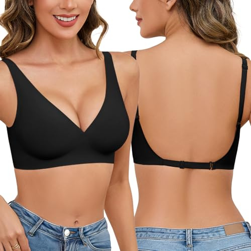 Niwicee Low Back Bra for Women Backless Bra Seamless Wireless Deep V Plunge Bra Multiway Convertible Adjustable Strap Soft Bra with Padding