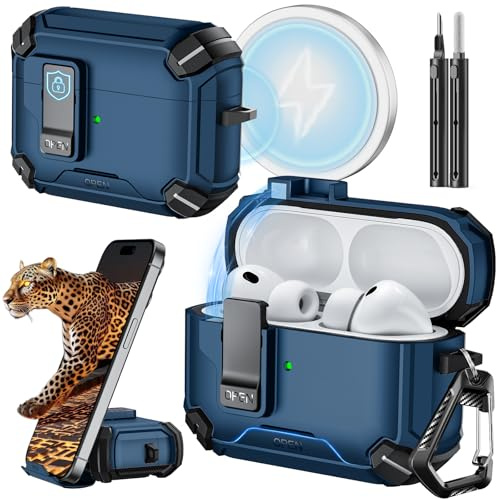 Inesore for AirPods Pro 3 Hülle (2025) with Phone Stand Design, Compatible with MagSafe, Auto-Locking Case Cover for Air Pods Pro 3rd with Cleaning Kit & Keychain, Blue