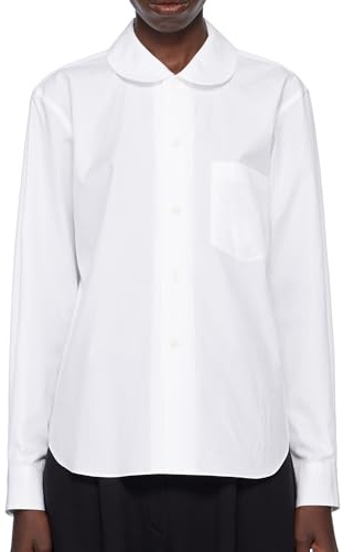 SUNNOW Women's White Peter Pan Collar Blouse Button Shirt with Patch Pocket, Pleated Cuffs & Back Yoke