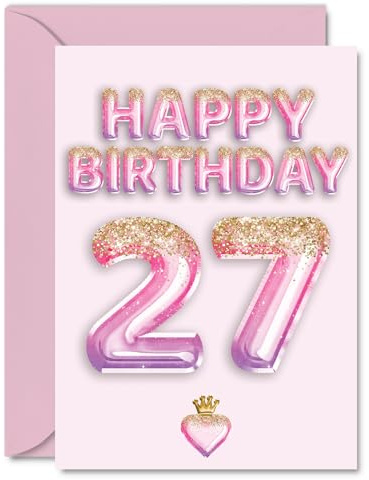27th Birthday Cards for Women and Men, Pink & Purple Glitter Balloons | Happy Birthday Card for 27 Year Old Man Woman Uncle Daughter Niece Auntie, A5 Bday Greeting Cards