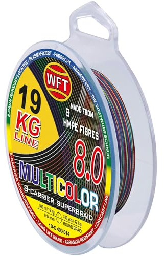 WFT KG 8.0 Multicolor Geflochtene Angelschnur, 8-Fach Geflochten, 600m Länge, Farbwechsel alle 10m, für Süß- und Salzwasser, 22kg-34kg Tragkraft