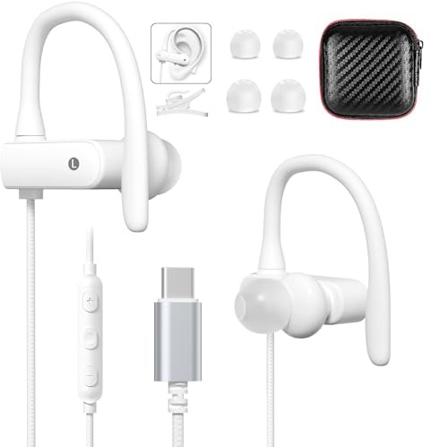 iMangoo Over The Ear Earbuds, Flexible Wrap Around Wired USB C Headphones, Around Ear USBC Headphone with Mic Volume Control Behind The Ear Headphones for Sports, Running, Exercise, Gym Workout White