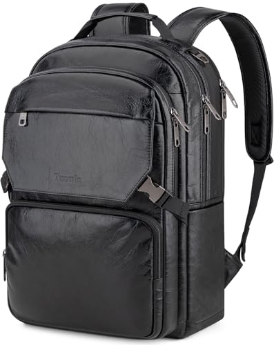 Tzowla Full Grain Genuine Leather Laptop Backpack for Men and Women, Business Work Travel Slim Daypack Fits 15.6 Inch Notebook/Computer, Black