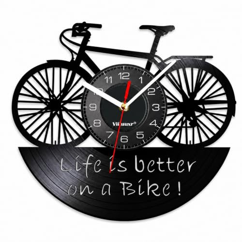 Viiluuxr Vinyl Schallplatten Uhr 30cm Wall Clock Fahrrad Kunsthandwerk Batteriebetrieben Wanduhren ohne Tickgeräusche Wohnzimmer Büro Garten Deko EIN Geschenk für Freunde Radbegeisterte. (Schwarz)