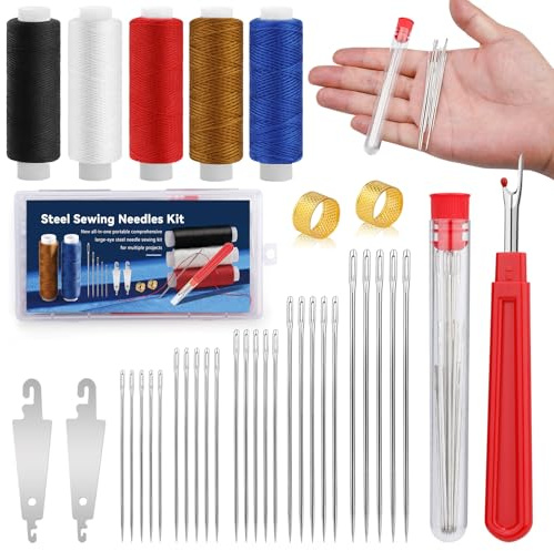37 Stück Stahl-Nähnadel-Set, Stahlnadeln Mit Einfädler Nähset Für Anfänger | Stahlnadeln Zum Nähen Set Mit 25 Nähnadeln Einfädler Fingerhut Für DIY-Nähen, Anfänger, Haushalt