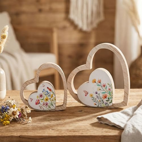 levandeo 2er Set Herz Aufsteller Blume MDF Holz 11cm 15cm Natur Blumenmuster Tischdeko Frühling Ostern Wohndeko Frühlingsdeko Osterdeko