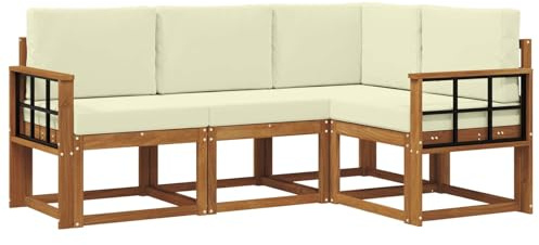 vidaXL Outdoor-Sofagarnitur mit Kissen 4 pcs Natur und Creme, Outdoor Sofa, modernes Eckmöbel, Garten Lounge, langlebige Patio-Sitzgelegenheiten, Komfortables Terrassen-Set Wohnzimmer