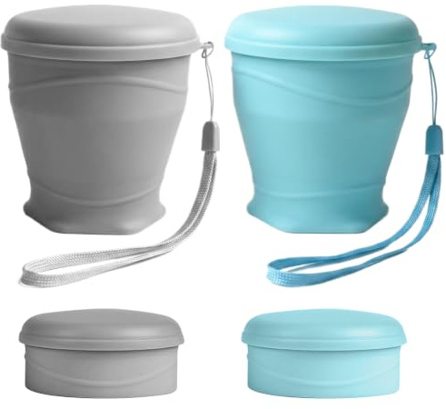 Korechain Lot de 2 Tasse Pliable Silicone avec Couvercle et Cordon | 260ml, Gobelet de Voyage Portable Sans BPA pour Camping, Randonnée et Bureau, Bleu et Gris