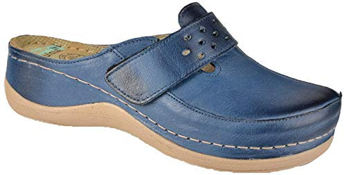 Leon 902 Komfortschuhe Lederschuhe Pantolette Clog Damen, Blau, EU 39