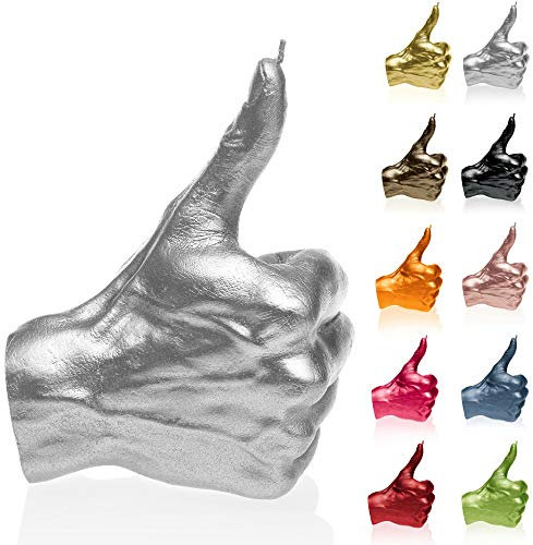 Candellana Kerze in Form eines Daumens | Höhe: 17,5 cm | Silber | Brennzeit 30h | Kerzengröße gleicht 1:1 Einer realen Hand | Handgefertigt in der EU