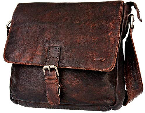 VEN-TOMY • Unisex Umhängetasche aus hochwertigem Waschleder Leder Schultentaschen Taschen Damen Herren VT417 (Dunkelbraun)