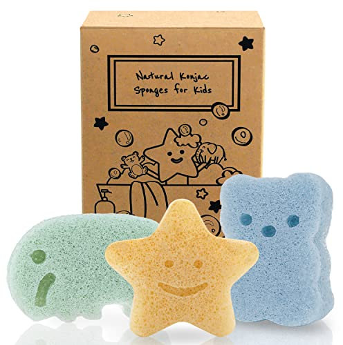 myHomeBody Eponge de bain Konjac pour bébé, éponges de bain naturelles aux formes mignonnes pour les nourrissons et les tout-petits, Set : Éléphant, Ours et Étoile