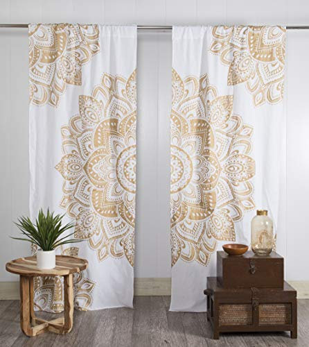 Popular Handicrafts Indische Hippie-Boho-Vorhänge mit Mandala in leidenschaftlichem Ombre-Farbverlauf, Weiß-Gold