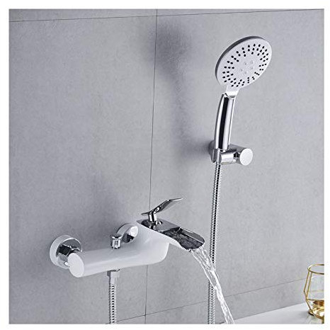AOEIUV Wasserfall Badewannenarmatur mit ABS Handbrause, Weiß und Chrom Wandhalterung Wannenarmatur Einzelgriff Warmes und Kaltes Wasser Badewanne Armatur für Badewanne