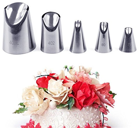 Chikanb 5 Piezas Boquillas para Manga Pastelera, Flores Pétalo Boquillas para Cupcakes, Crema de la Torta de Cumpleaños de la Hornada Herramientas de Bricolaje Accesorios, Acero Inoxidable, Plata