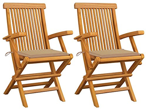 vidaXL 2X Teak Massiv Gartenstuhl mit Beige Kissen Armlehnen Gartenstühle Klappstuhl Klappstühle Holzstuhl Gartenmöbel Stuhl Stühle