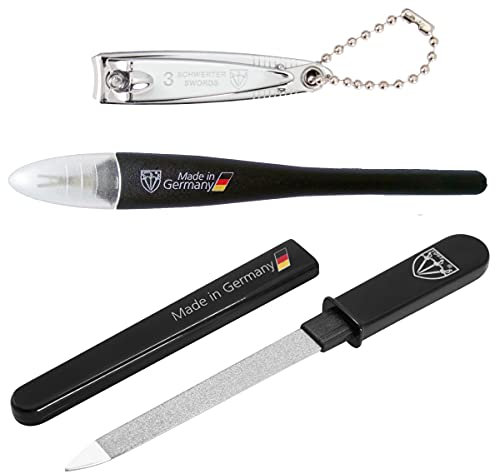 3 Swords Germany - brand quality CUTICLE REMOVER and POCKET NAIL FILE and NAIL CLIPPER - emergency nail repair kit - MUST HAVE