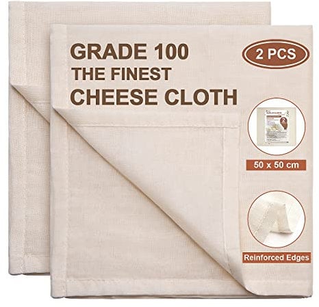 eFond 2 PCS Hemmed Cheese Cloths for Straining Reusable, 50X50 cm, Grade 100 Muslin Cloths for Cooking Washable, 100% Unbleached Pure Cotton Ultra Fine Cheesecloth for Baking, Butter, Nut Milk