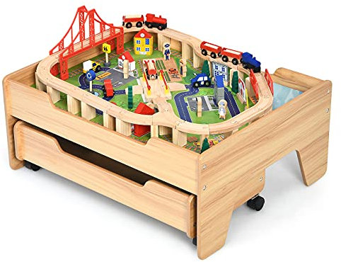 COSTWAY 100 teiliges Kindereisenbahn Set Holz, Kinder Spieltisch mit Schublade und abschließbaren Rädern, Zug Holzeisenbahn Set ab 3 Jahren(100 teilig mit Rädern)