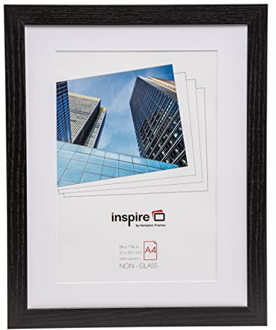 Hampton Frames CARNEGIE A4 (21x30cm) Black Picture Poster Photo Frame with Mount Acrylic (Non-Glass) CNGA4BLK