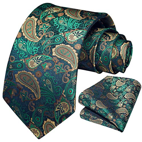 HISDERN Herren Krawatte Paisley Krawatten für Hochzeits Feier Krawatte und Einstecktuch Set Grün