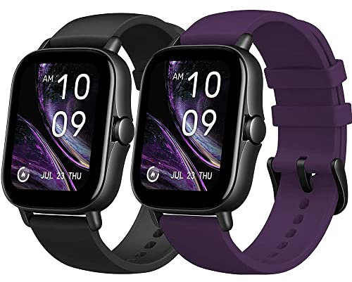 Flenco Replacement Silicone Watch Strap For Amazfit GTR 42mm / Amazfit GTS 2 Mini/GTS 2 / GTS 2e / Amazfit Bip/Bip Lite/Bip S/S Lite/Bip U/U Pro Replacement Watch Band (Black + Purple)