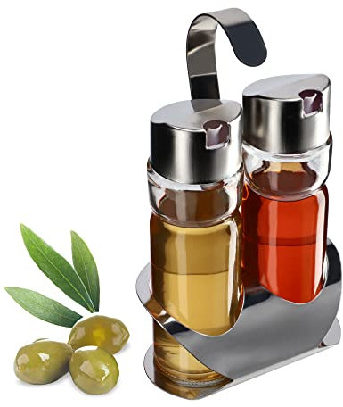 KADAX Öl und Essig Spender mit Ständer, transparenter Glasbehälter mit Metall Deckel, Öl Spender Set, Küchengewürzflaschen, Öl und Essig Flaschen Set (Silber)