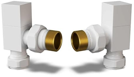 UK Radiators Square White Radiator Valve Pair - White Gloss Finish - Classy and Modern Design 1/2 x 15mm Angled Radiator Valve Pair - Pair of Valves