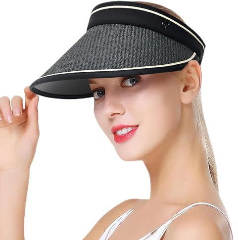 Darryy Strohhut Damen, Faltbar Strohhut UV Schutz 50 Sonnenhut Elegant Sommerhut Breite Krempe Visor Cap-Einstellbar (Schwarz)