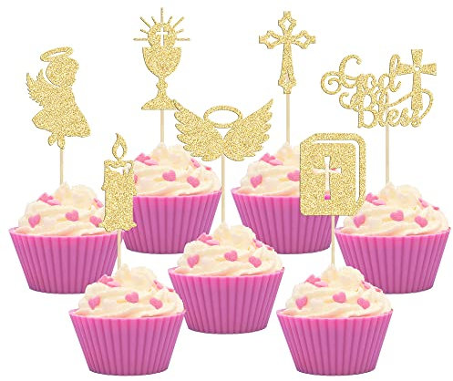 Gyufise 28 Stück God Bless Cupcake-Topper Gold Glitzer Mädchen Taufe Cupcake Topper Engel Kelch Bibel Kreuz Cupcake Picks Christliche Taufe Thema Babyparty Party Kuchen Dekor Zubehör