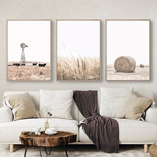 Haruhiart Neutrales Landschaftskunstwerk, modernes Bauernhaus, botanische Drucke, Weizen, Wandkunst, schwarze Kuh, Bild, Bauernhof, Windmühle, Bild, rustikale Bauernhaus-Drucke, Heuballen, Wandkunst,