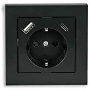Kabelmeister Schutzkontakt-Einbausteckdose mit USB-C (20W, Power Delivery 3.0) und USB-A Buchse (18W) - inkl. Rahmen und Zentralstück - anthrazit