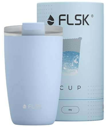 FLSK CUP Edelstahl Mehrwegbecher für unterwegs (350 ml, 500 ml) - 3 h heiß, auslaufsicher, inkl. plastikfreier Tubebox und Mikrofaser-Buddy, ideal für Reisen, Büro oder Auffüllen im Café