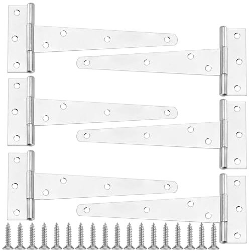 PUCSIQ 6 Stück T-Scharniere, 150mm Türscharnier, 6 Zoll Klappbar Gartentor, Scharnier Verzinkt, Schwerlast Dreieck, Scharniere mit 42 Schrauben für Gartentore, Schuppentore, Schranktür, Silber
