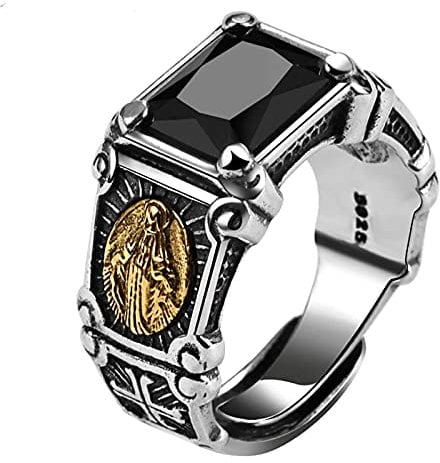 Ysrpoud Rings, real 925 sterling silver black stone ring, man women virgin mary cubic zirconia onyx jewelry open size