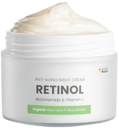 Swedish Nutra Anti-Aging Retinol Nachtcreme, 50 ml | Feuchtigkeitsspendende & strahlende Haut mit Niacinamid, Vitamin E, Bio-Aloe Vera & Sheabutter; hergestellt in Schweden