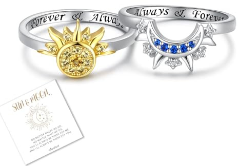 oGoodsunj Ring-Set aus Sterlingsilber, Mond, Sonne, stapelbar, passender Ring, Freundschaftsring, Paare, Schmuck, Geschenke für Frauen und Mädchen