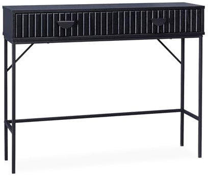 sweeek - Console 2 tiroirs Effet Bois rainuré Noir. Pieds métal Noir
