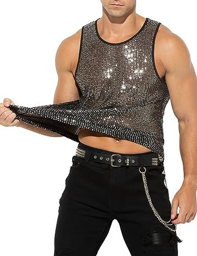 Casey Kevin Débardeur Paillettes Homme Glitzer Hemd Oberteil T-Shirt Sexy Transparent Gilet Brillants Debardeur de Club Disco Party Clubwear Fête