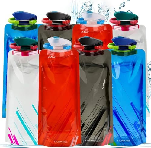 8 Stück 700ml Faltbare Trinkflasche,Faltbare Wasserflaschen,Trinkflaschen Faltbar,Tragbarer Zusammenklappbare Wassersack,Flexibl Zusammenklappbare Wasserflasch,Wiederverwendbare Trinkflasche Faltbar