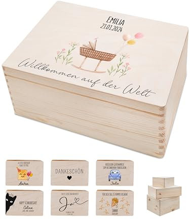 Bärenfreunde - Personalisierte Erinnerungsbox mit Spezial-Druck - Erinnerungsbox Holz als Geburt Geschenk, Hochzeit Geschenk, Führerschein Geschenk, Dankeschön (S | Klappdeckel,Baby rosa)