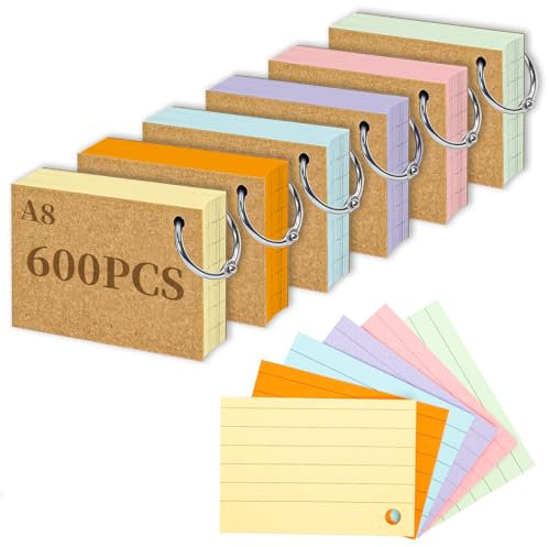 A8 Flashcard, 600Pcs lignées Flashcards avec anneau, Cartes de vocabulaire pour l’apprentissage du vocabulaire en déplacement, Flashcards pour Notes Bureau, École, Maison