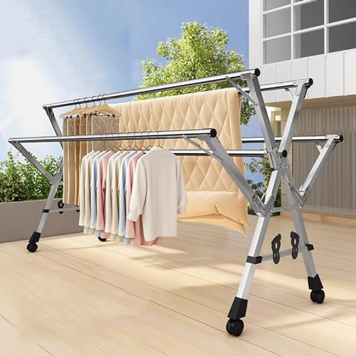 guoyjmm Tendedero Extensible, Tendedero Plegable de Acero Inoxidable,Grande Secadora Pplegable con Ruedas,Tendedero Exterior e Interior 20 Ganchos 12 Clips,150-240cm