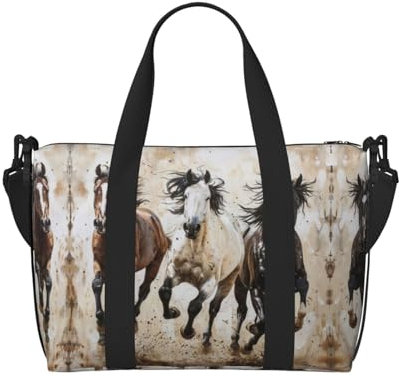 Kleine Reisetasche mit Pferde-Motiv, faltbar, Reisetasche, Wochenendtasche, Übernachtung, Fitnessstudio, Krankenhaus-Tasche für Damen und Herren, Schwarz, Einheitsgröße