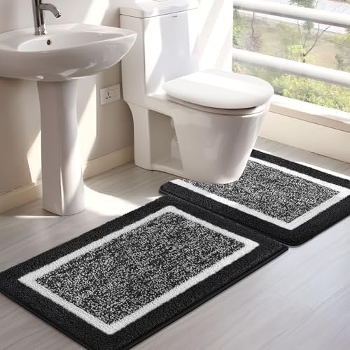 SHACOS Bathroom Rug Mat Set, Microfiber Shaggy Bath Mat, Non-Slip Soft Bathroom Carpet, Super Absorbent Quick Drying, Machine Washable, 2 Piece with U-Shaped Toilet, Black, 50x80cm+50x60cm