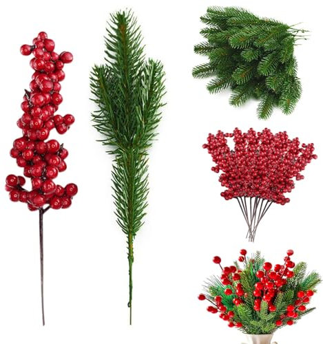 Generisch Adventskranz Deko Set,10 Rote Stechpalmen Beeren und 25 Tannenzweige,Trockenblumen Weihnachten,Bastelzubehör für Girlande,Beerenzweig ür DIY Adventskranz Kranz,Tischdeko Weihnachten (1Set)