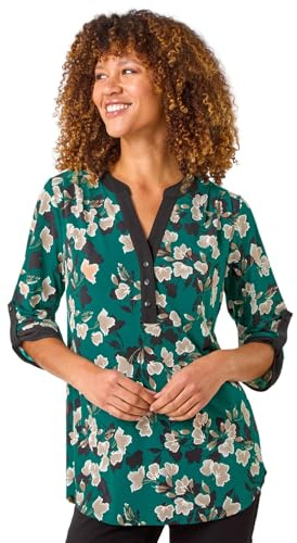 Roman Shirt for Women UK Ladies Top Collarless Blouse Stretchy Tunic Smart Casual Autumn Winter Jersey 3/4 Length Sleeve Notch V Neck Flattering Office Work - Green Noir - Size 20